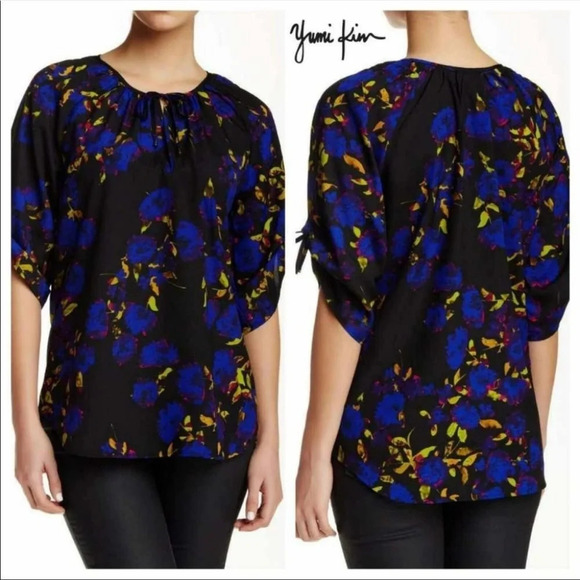 Yumi Kim Blue Floral Joey Tie Neck Peasant Blouse Size Small - Picture 5 of 9